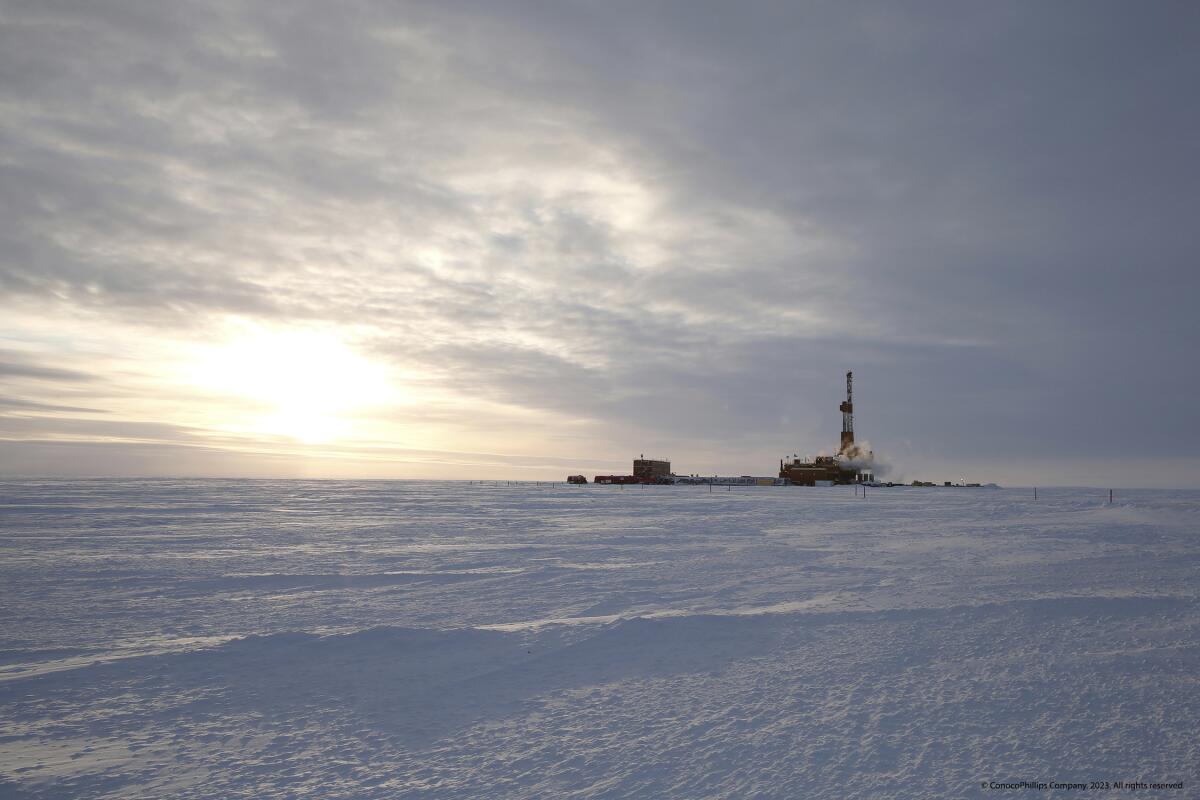 An oil drilling camp in the snow.