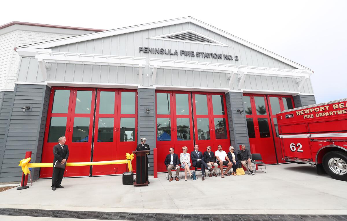 Newport Beach Fire Chief Jeff Boyles speaks at the grand opening of Peninsula Fire Station No. 2.