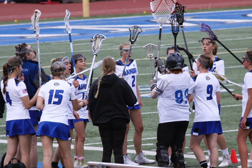 The Ramona High girls lacrosse team beat Del Lago Acdaemy on April 12 at home.