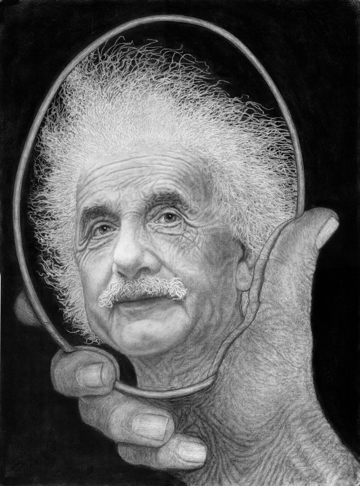 This Albert Einstein drawing by Christopher Canole is 24 by 36 inches; all others he donated to UC San Diego are 18 by 24.