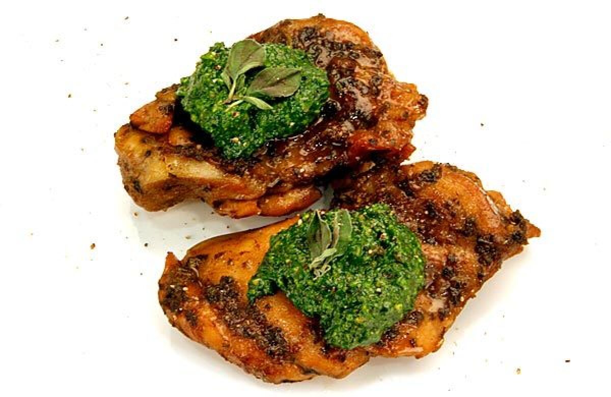 Roasted chicken thighs with spinach, basil, pistachio and avocado oil pesto