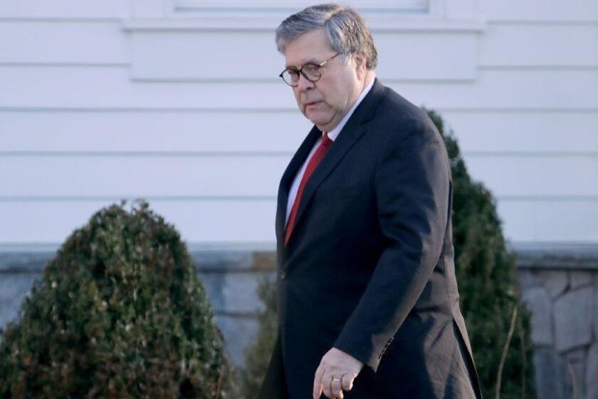 WASHINGTON, DC - MARCH 25: U.S. Attorney General William Barr leaves his home March 25, 2019 in McLean, Virginia. Stopping short of exonerating President Donald Trump of obstruction of justice, Barr released a summary report of special counsel Robert Mueller's investigation, saying there was no collusion between Trump's 2016 presidential campaign and Russian intelligence. (Photo by Chip Somodevilla/Getty Images) ** OUTS - ELSENT, FPG, CM - OUTS * NM, PH, VA if sourced by CT, LA or MoD **