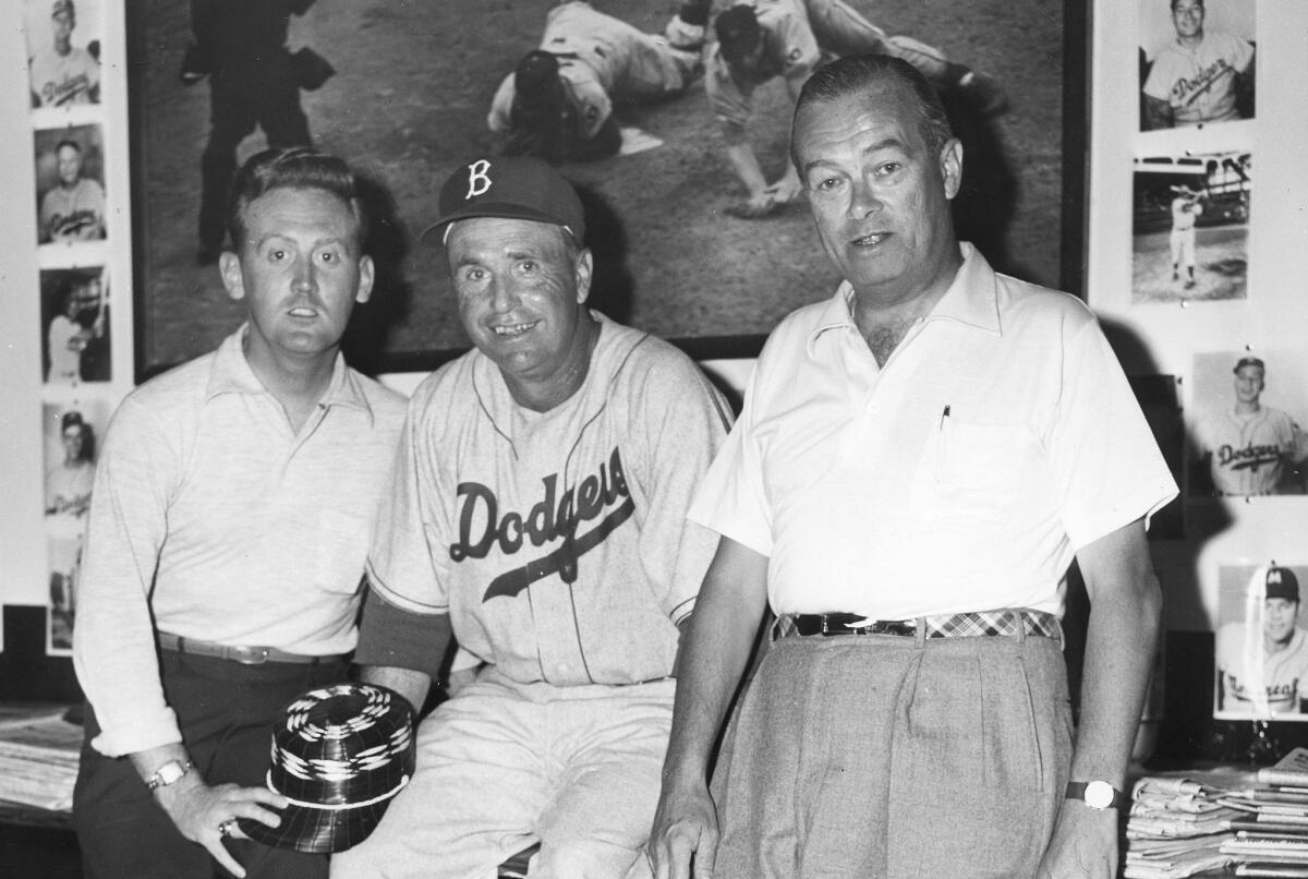 Walt Alston, center, with Dodgers announcers Vin Scully, left, and Connie Desmond in the mid-1950s.