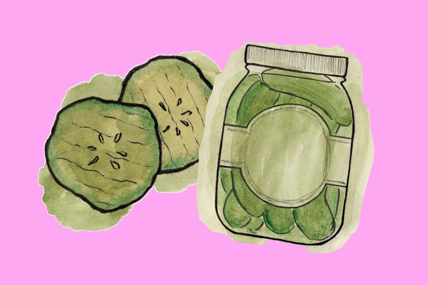 Illustration of pickles and a jar of pickles 