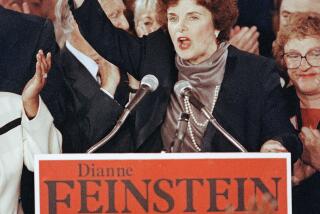 Democratic gubernatorial candidate Dianne Feinstein waves to supporters at the Fairmont Hotel in San Francisco, June 6, 1990, after wining her party's nomination for governor in the California June primary election against John Van de Kamp. She will face Republican Pete Wilson in November. (AP Photo/Walter J. Zeboski)