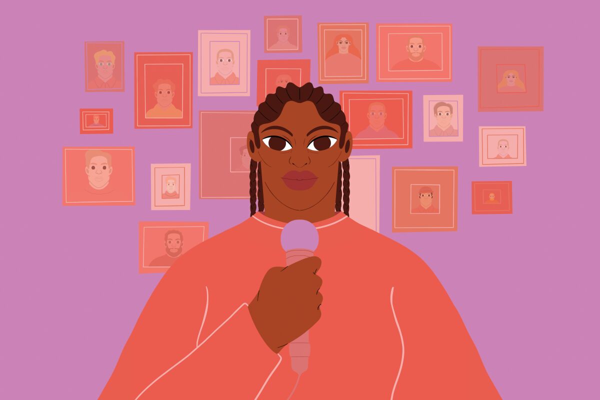 Illustration of a Black woman standing in front of a wall of picture frames of white people