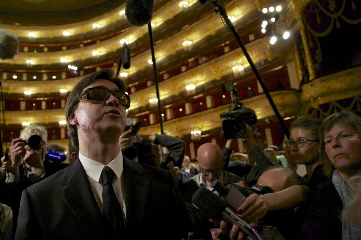 Sergei Filin, artistic director of the Bolshoi Ballet, speaks to reporters during his first visit to Moscow's Bolshoi Theater since he was the victim of an acid attack.