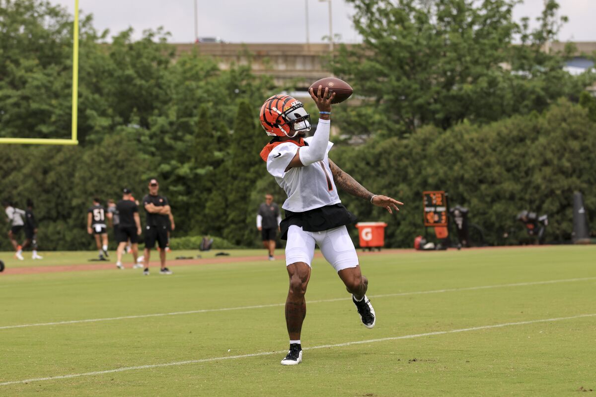 Cincinnati Bengals' Ja'Marr Chase makes a catch as he participates in a drill during an NFL football practice in Cincinnati, Tuesday, June 7, 2022. (AP Photo/Aaron Doster)