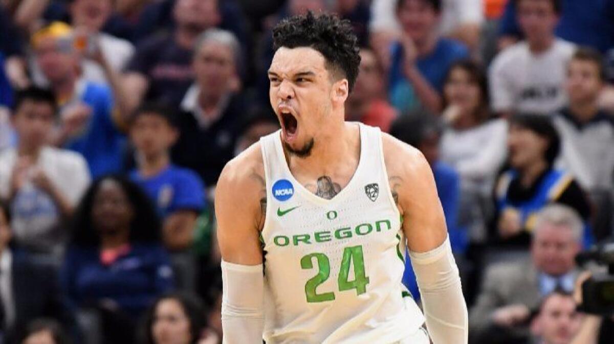 Oregon forward Dillon Brooks gets fired up during an NCAA tournament game against Rhode Island on March 19.