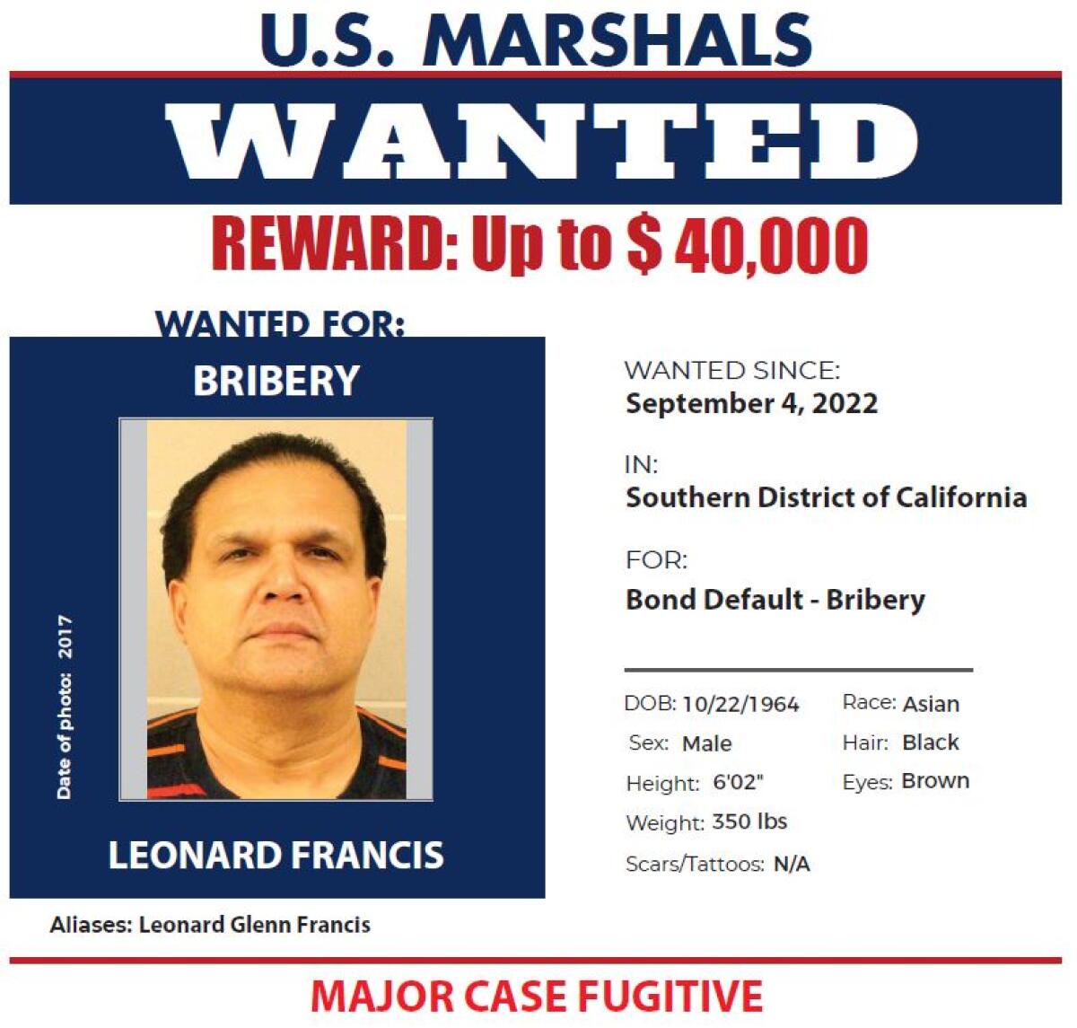 U.S. Marshals wanted notice for Leonard Francis