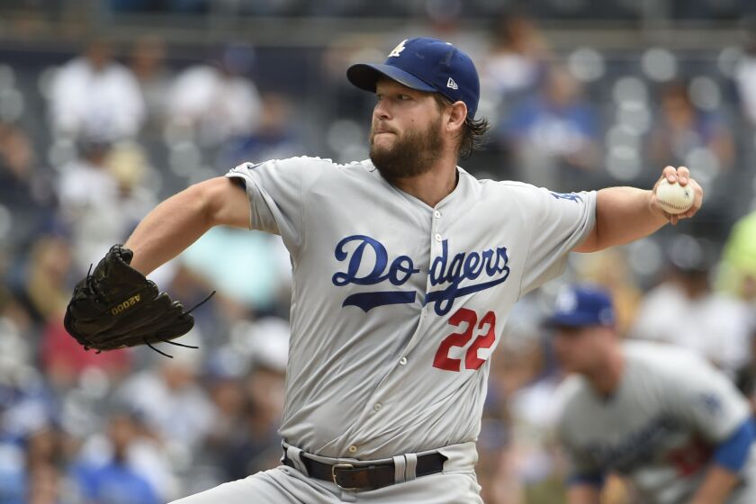 SAN DIEGO, CA - SEPTEMBER 26: Clayton Kershaw #22 of the Los Angeles Dodgers pitches during the the second inning of a baseball game against the San Diego Padres at Petco Park September 26, 2019 in San Diego, California. (Photo by Denis Poroy/Getty Images) ** OUTS - ELSENT, FPG, CM - OUTS * NM, PH, VA if sourced by CT, LA or MoD **