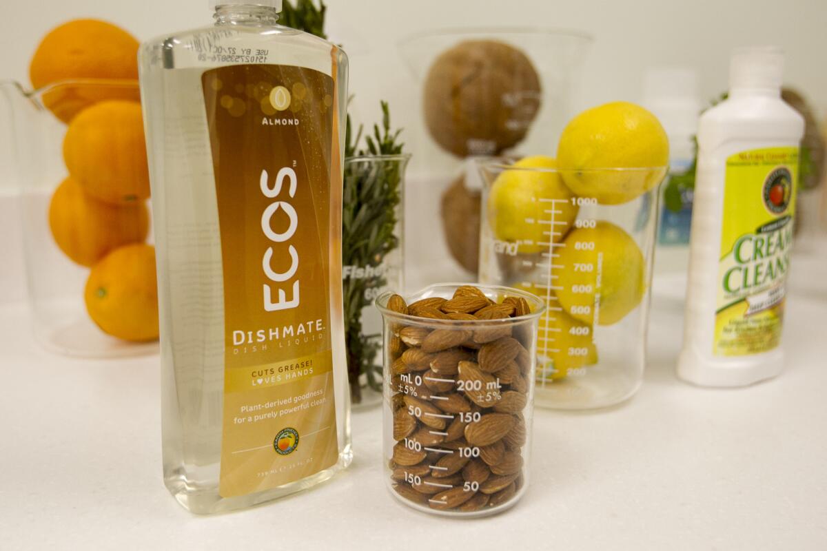 Plant-derived cleaning products are on display, including the Dishmate almond at the Earth Friendly Products headquarters in Cypress.
