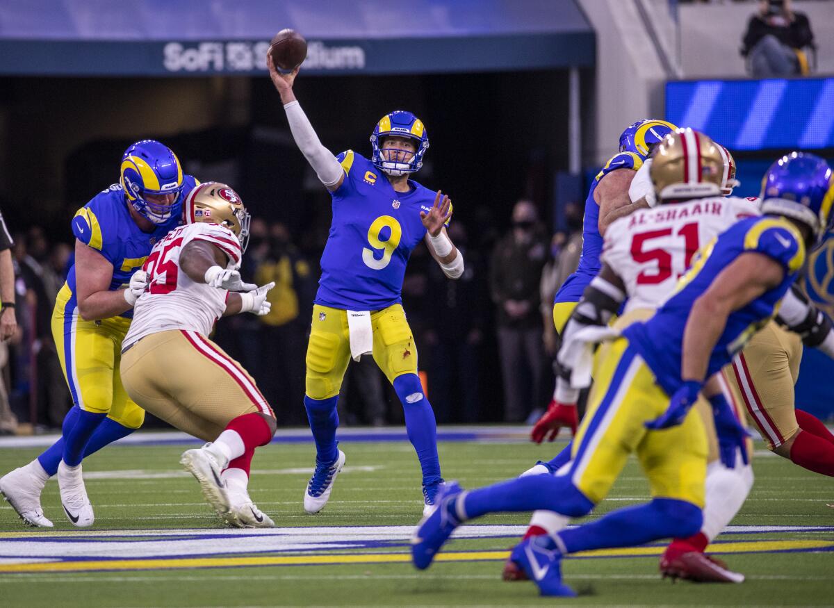 Rams quarterback Matthew Stafford passes the ball during their 20-17 victory over the San Francisco 49ers.
