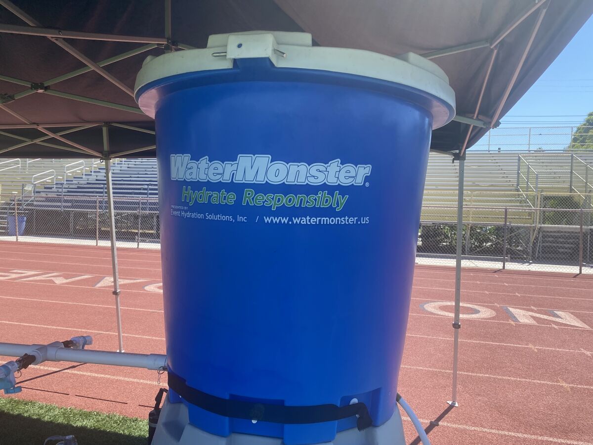 Sherman Oaks Notre Dame has a 100-gallon water container to hydrate players during football games.