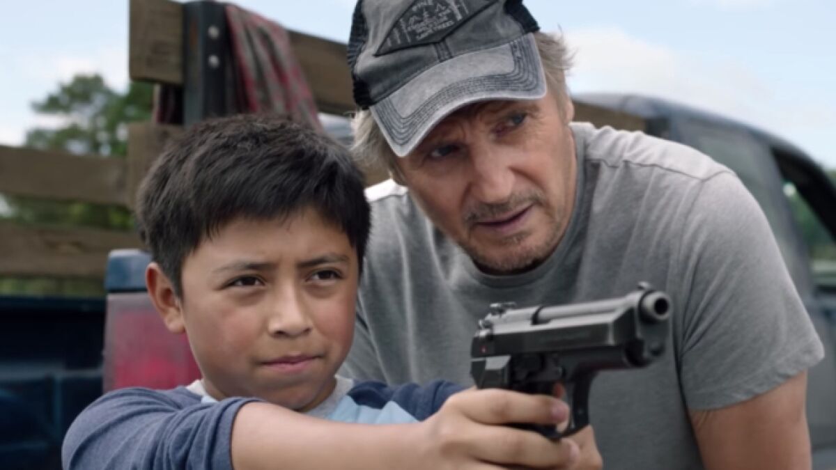 Liam Neeson, right, and Jacob Perez in “The Marksman”