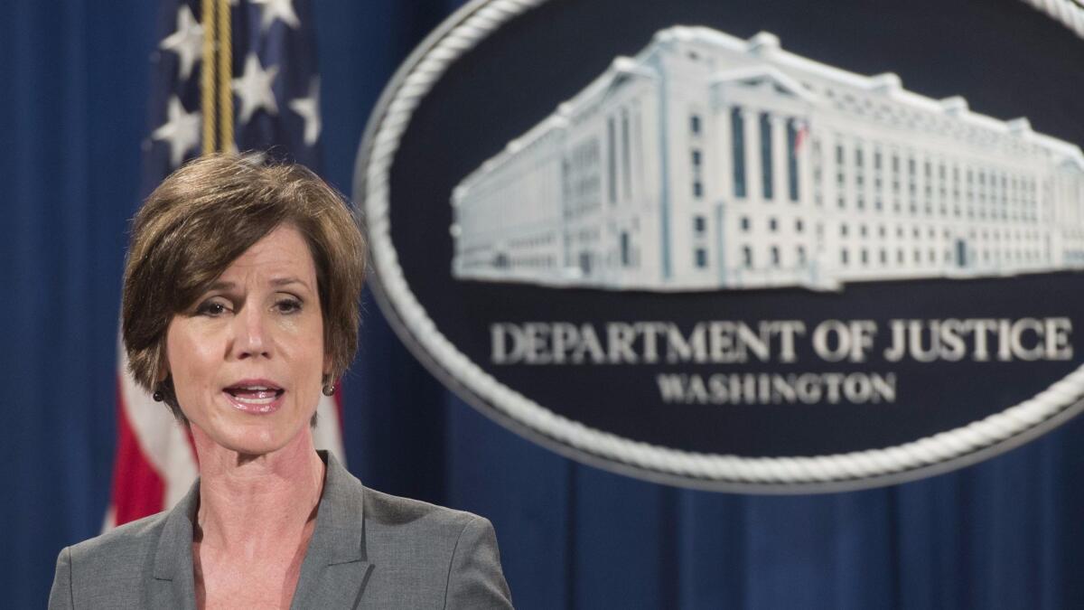 Sally Yates, a deputy attorney general under President Obama and briefly acting attorney general, will testify Monday before a Senate Judiciary Committee panel.