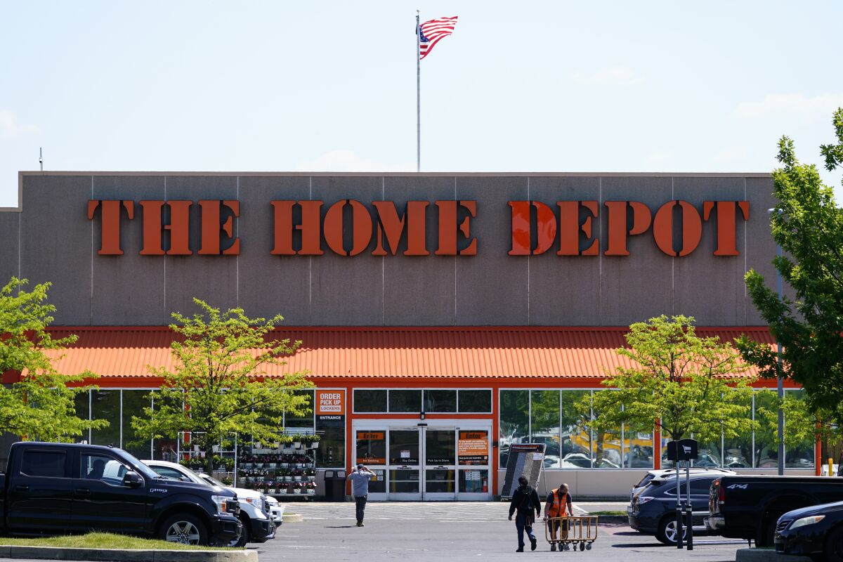 This May 19, 2021 photo shows The Home Depot location in Willow Grove, Pa. Home Depot’s sales continued to rise in its fiscal second quarter, thanks to a housing market that remains hot. Chairman and CEO Craig Menea said in a statement on Tuesday, Aug. 17, that this was the first time in its history that the chain surpassed sales of more than $40 billion in a quarter. (AP Photo/Matt Rourke)