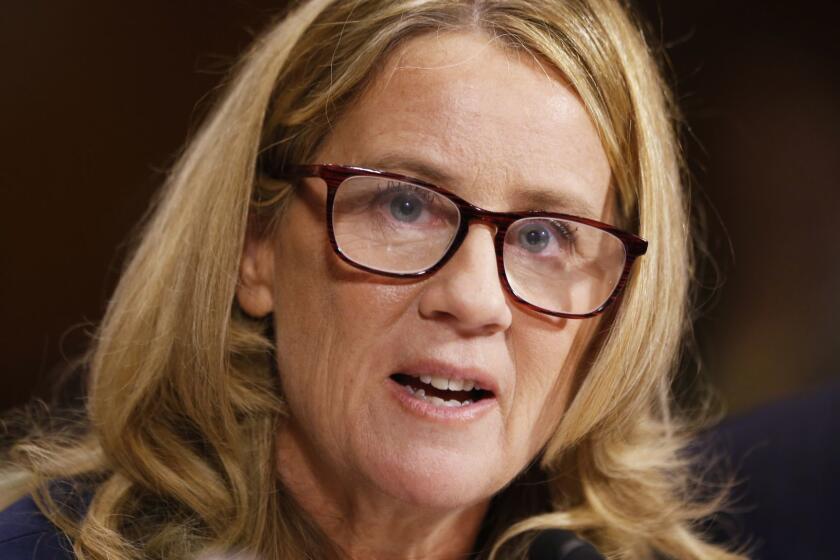 WASHINGTON, DC - SEPTEMBER 27: Dr. Christine Blasey Ford speaks before the Senate Judiciary Committee hearing on the nomination of Brett Kavanaugh to be an associate justice of the Supreme Court of the United States, on Capitol Hill September 27, 2018 in Washington, DC. A professor at Palo Alto University and a research psychologist at the Stanford University School of Medicine, Ford has accused Supreme Court nominee Judge Brett Kavanaugh of sexually assaulting her during a party in 1982 when they were high school students in suburban Maryland. (Photo By Michael Reynolds-Pool/Getty Images) ** OUTS - ELSENT, FPG, CM - OUTS * NM, PH, VA if sourced by CT, LA or MoD **