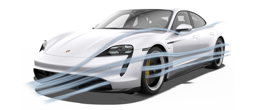 The teardrop shaped airscoops under the headlights helps keep the Taycan’s wind-drag ultra low.