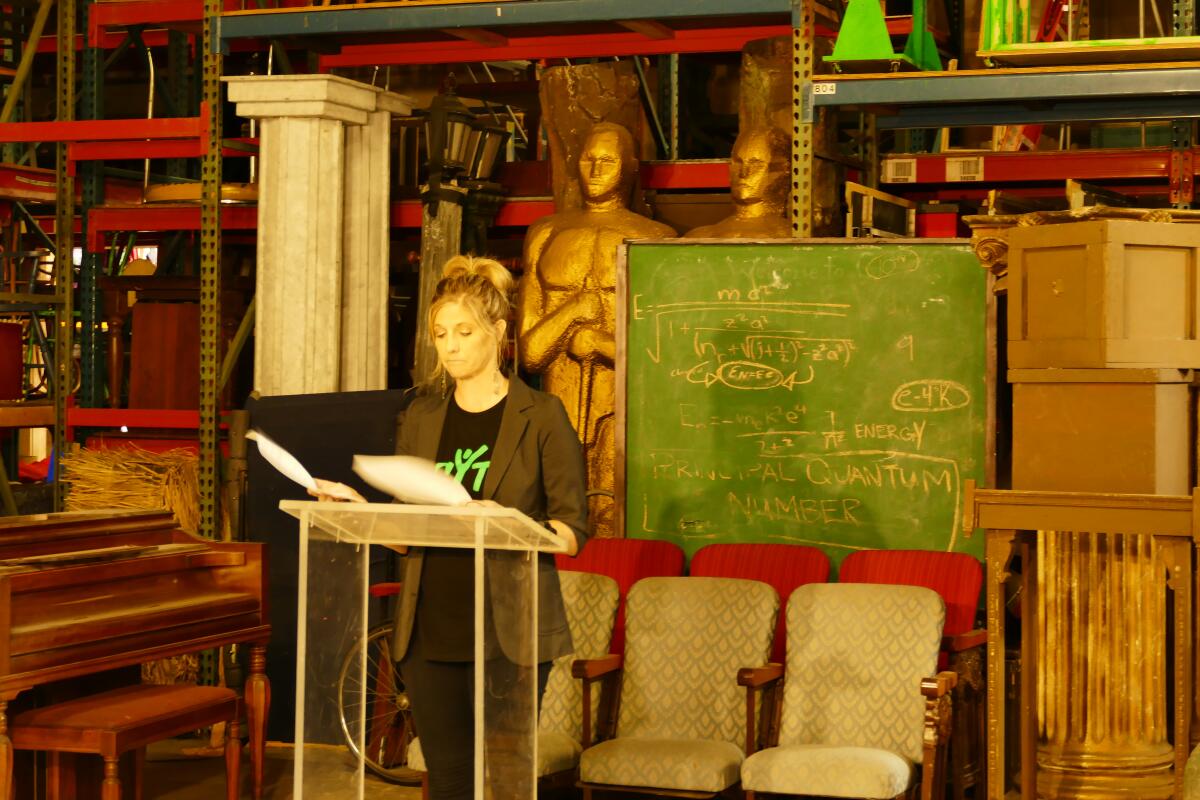 Janie Russell Cox speaks at a news conference Friday afternoon inside the El Cajon headquarters of Christian Youth Theater.