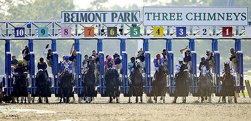 The field breaks from the starting gate on Saturday afternoon in the 141st running of the Belmont Stakes.