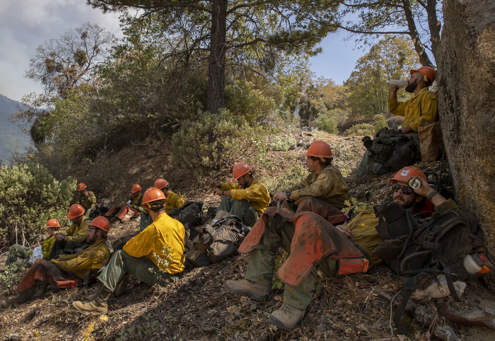 Firefighters rest in the shade of trees