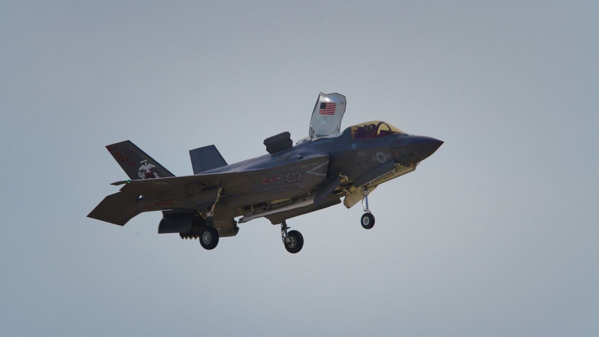 A Marine F-35B Lightning II Joint Strike Fighter hovers at the Miramar Air Show Sunday. On Friday, the same type of jet crashed outside Marine Corps Air Station Beauford, South Carolina.