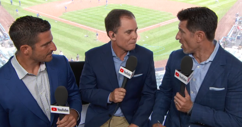 Broadcasters (from left) Jason Marquis, Rick Waltz and Nomar Garciaparra talk before Wednesday's game between the Dodgers and St. Louis Cardinals on YouTube.