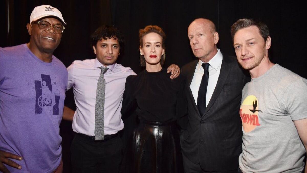 Actor Samuel L. Jackson, from left, director M. Night Shyamalan, actors Sarah Paulson, Bruce Willis and James McAvoy, from "Glass," at CinemaCon.