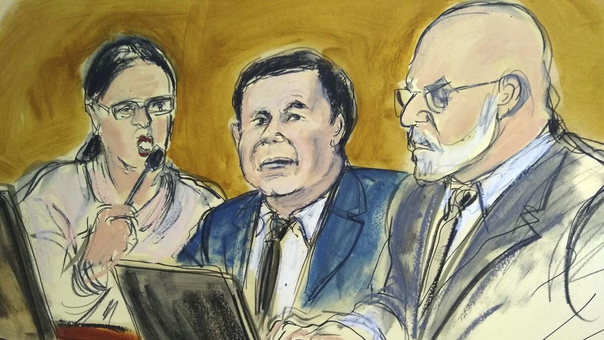 In a courtroom drawing, Joaquin "El Chapo" Guzman, center, sits at the defense table Thursday and listens to U.S. District Judge Brian Cogan address the jury. With him are an interpreter, left, and defense attorney Eduardo Balarezo.
