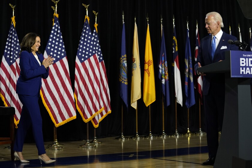 Joe Biden introduces his running mate, Sen. Kamala Harris, in Wilmington, Del., on Aug. 12. 