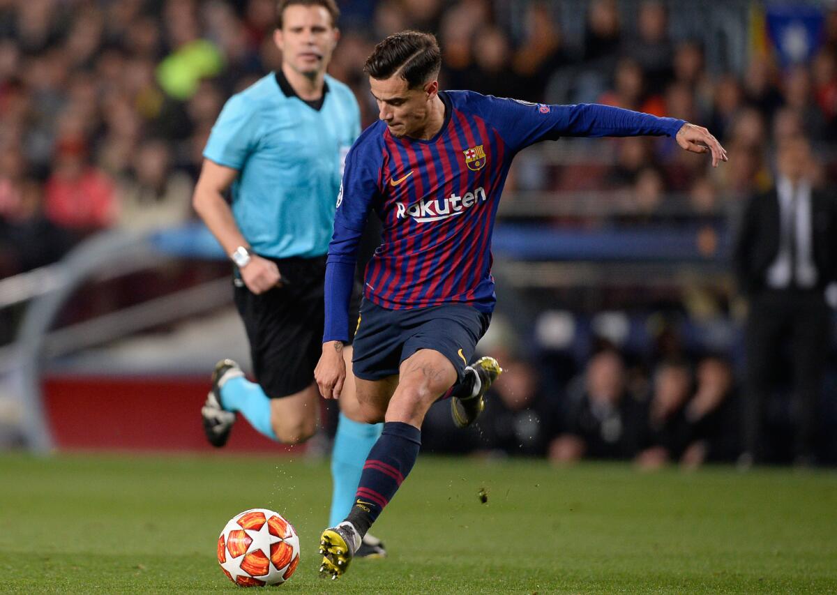 Barcelona's Brazilian midfielder Philippe Coutinho kicks the ball during the UEFA Champions League quarter-final second leg football match between Barcelona and Manchester United at the Camp Nou stadium in Barcelona on April 16, 2019. (Photo by PAU BARRENA / AFP)PAU BARRENA/AFP/Getty Images ** OUTS - ELSENT, FPG, CM - OUTS * NM, PH, VA if sourced by CT, LA or MoD **