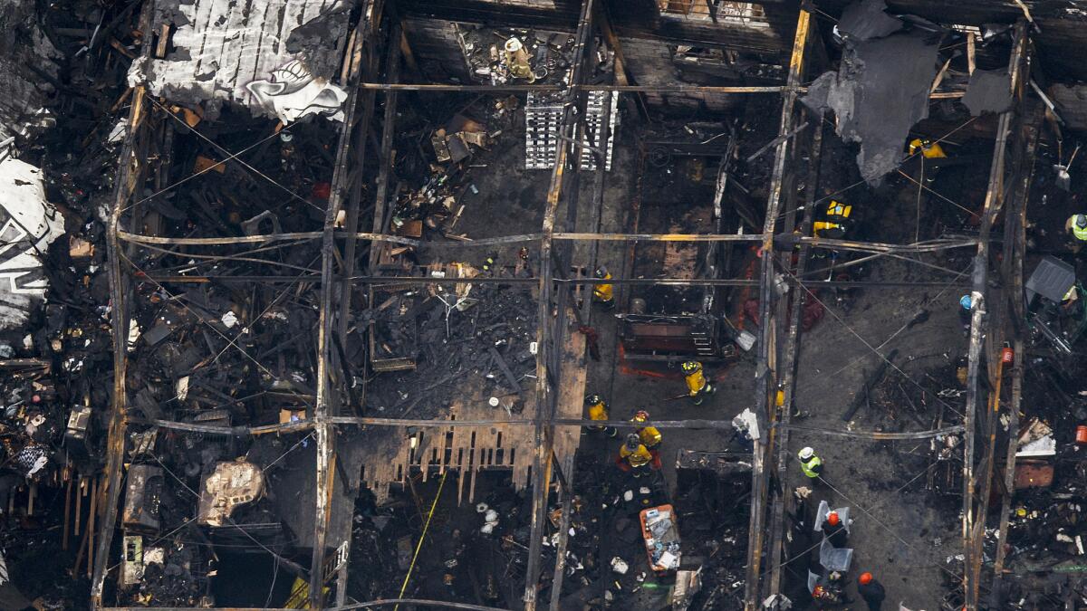 An aerial view of the Ghost Ship warehouse that burned and killed 36 people in Oakland in December 2016.