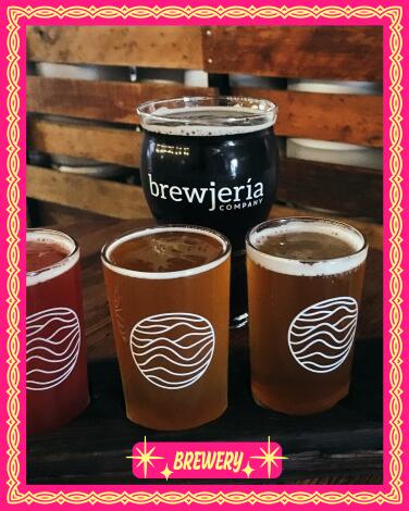 Brewjeria Company, Pico Rivera: flight of four and single pint (beer names not available), indoors