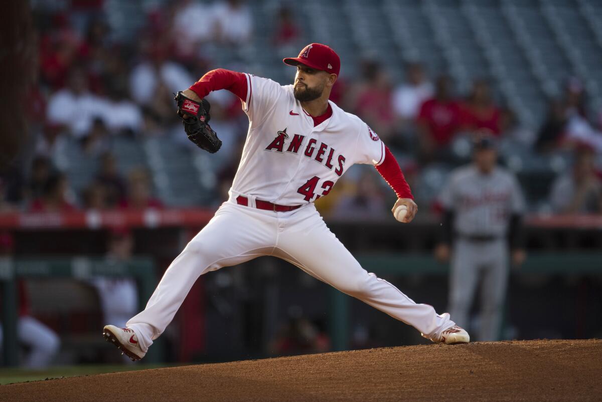 Angels starting pitcher Patrick Sandoval delivers against the Detroit Tigers on Saturday.