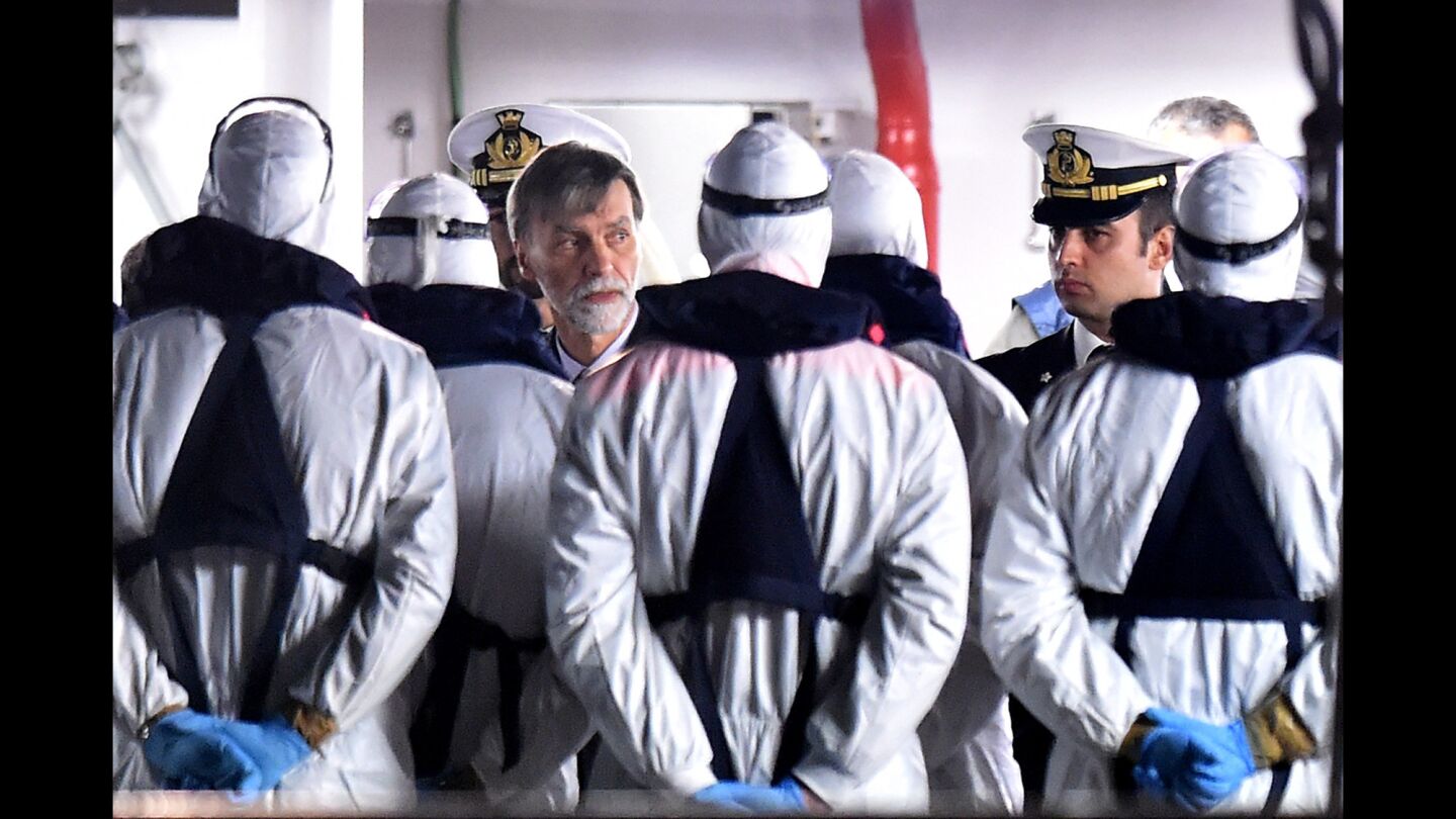 Graziano Delrio, Italy's minister of infrastructure and transport, on the Italian Coast Guard ship Gregretti, which is believed to be carrying 27 survivors of the migrant shipwreck.