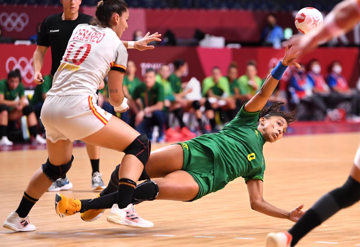 Ana Rodrigues of Brazil plays handball at the Tokyo Olympics.