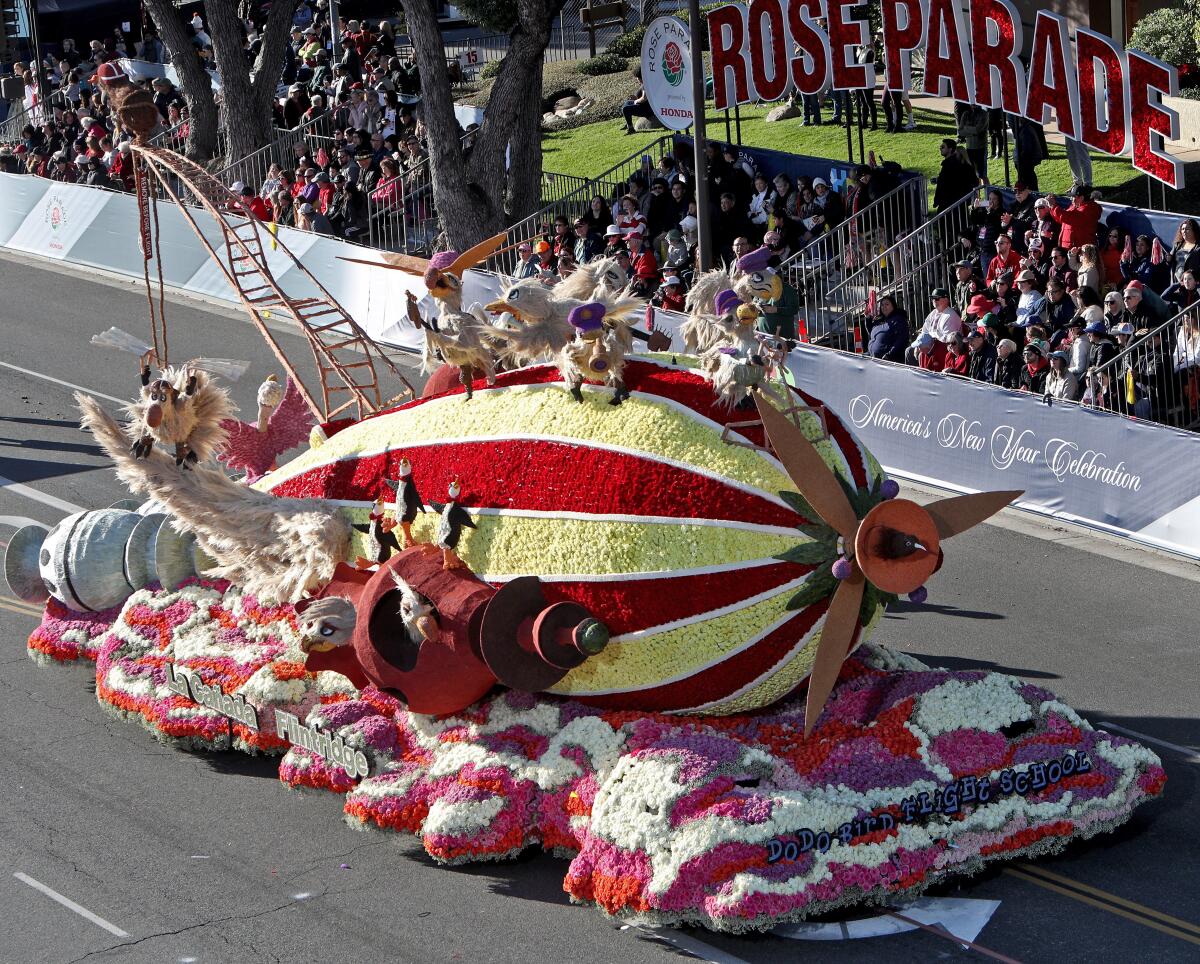 The La Cañada Flintridge Tournament of Roses Assn. won the Bob Hope Humor Award for its self-built float called "Dodo Bird Flight School" at the Rose Parade in Pasadena on New Year's Day.
