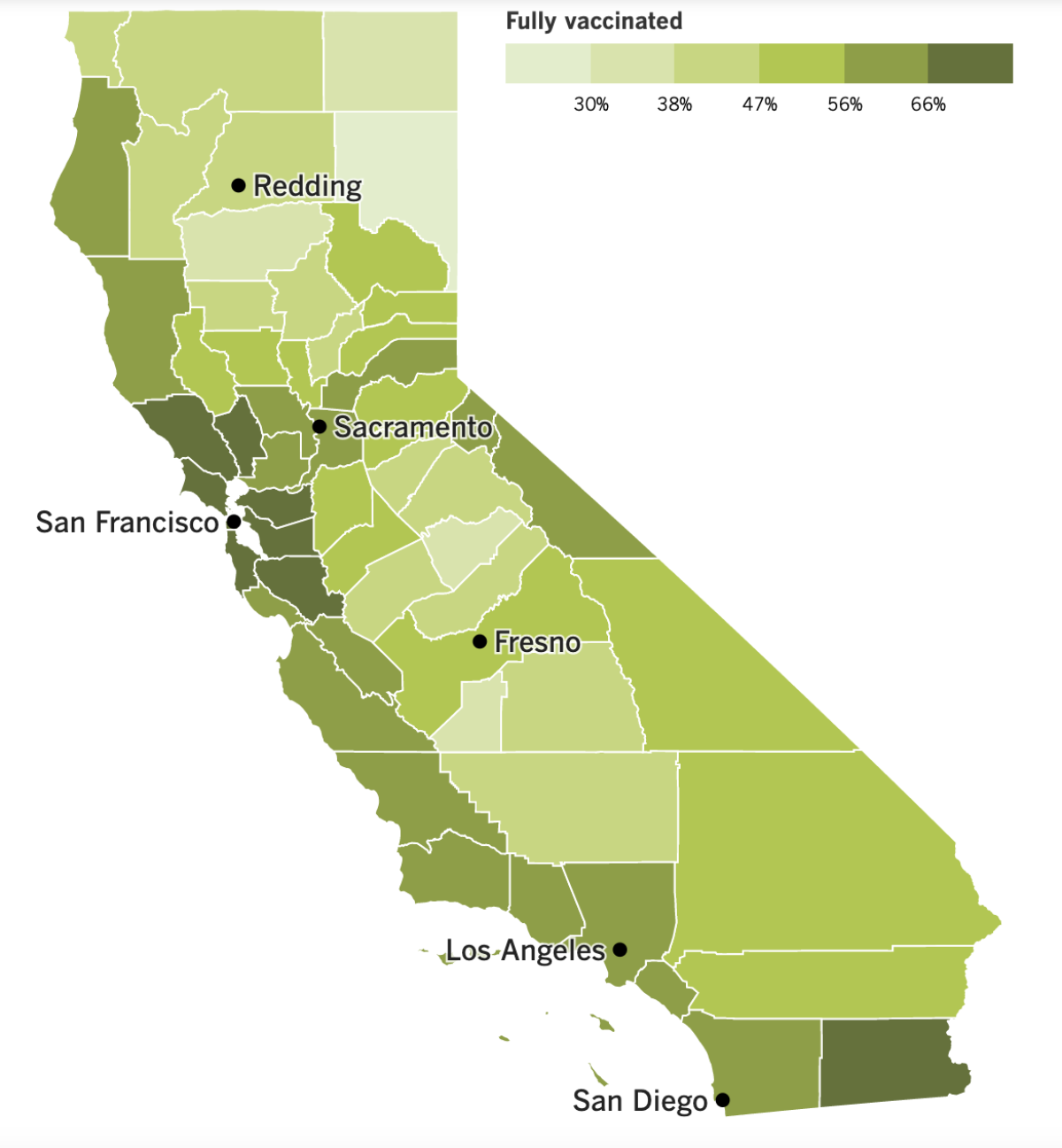 A map that shows California's COVID-19 vaccination progress by county.