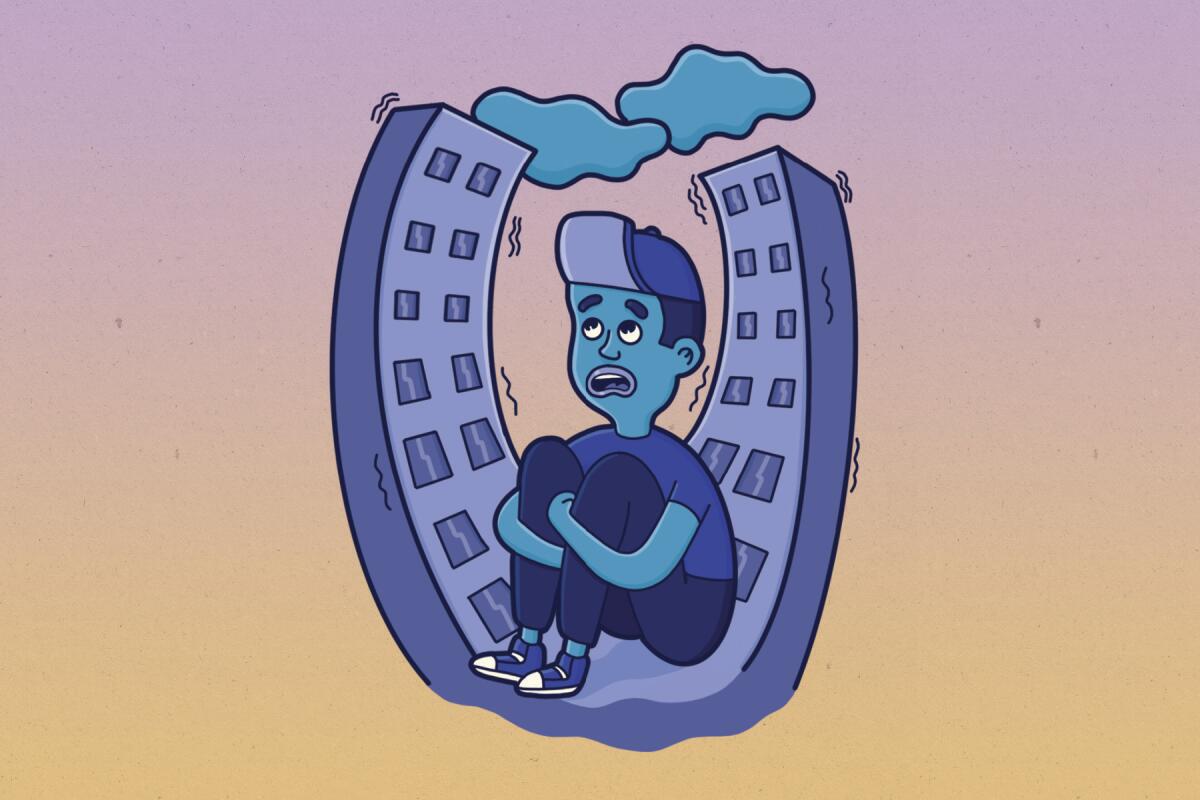 Illustration shows a man worried about earthquakes