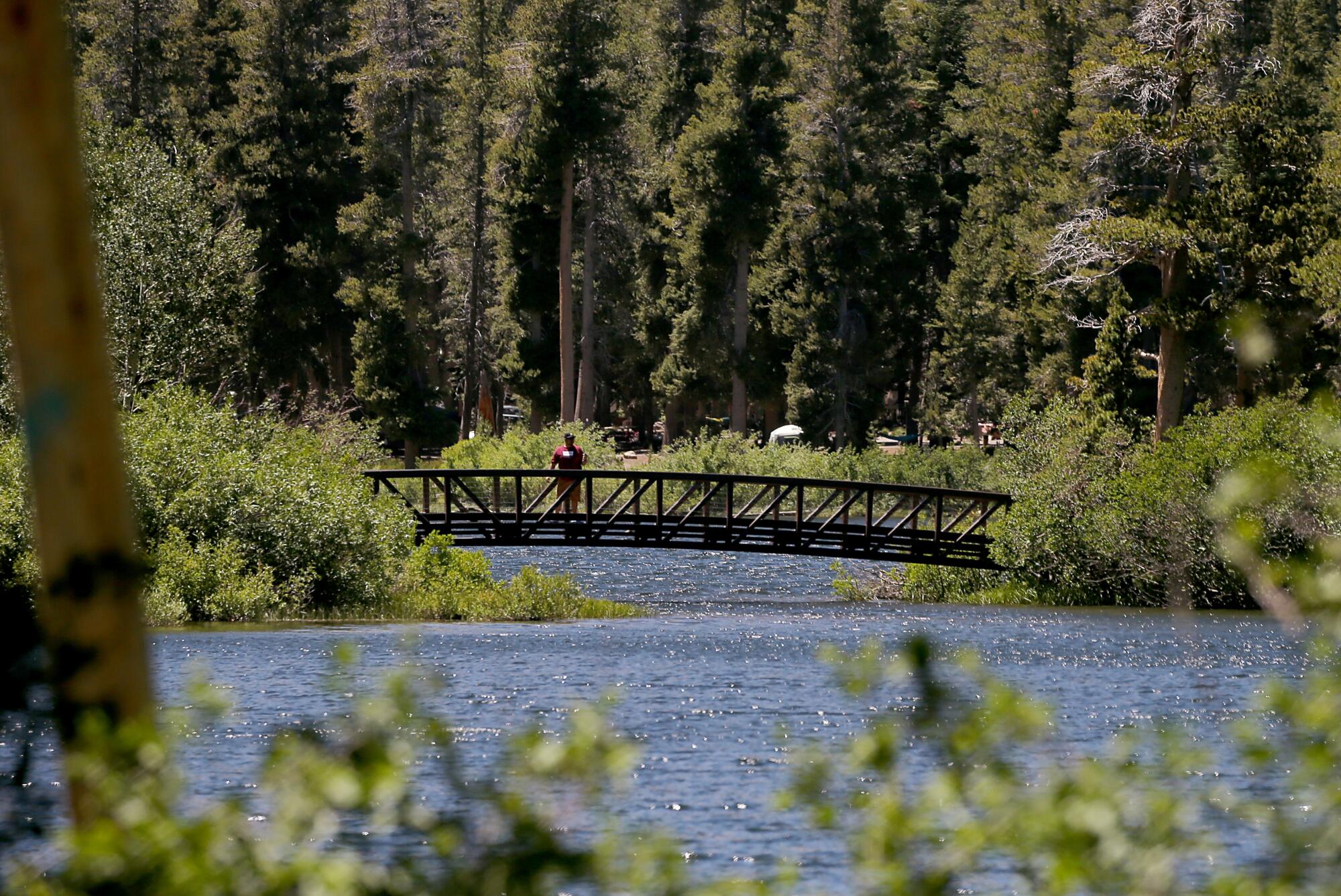 A visitor to Twin Lakes pauses on a footbridge to take in the scenery.