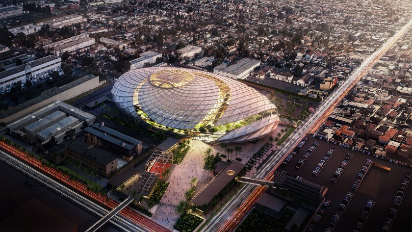 An aerial view rendering of the Clippers' proposed arena in Inglewood, Calif.