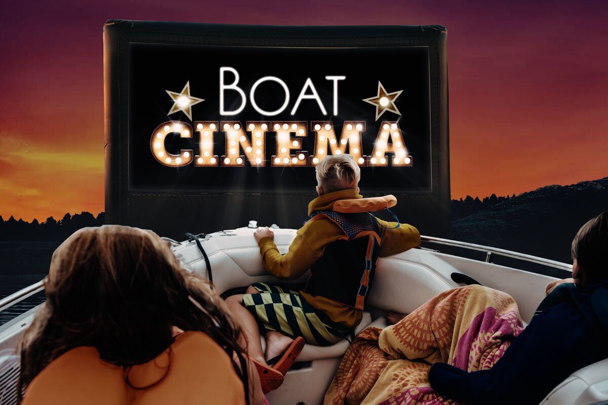 A rendering of three people in a boat looking at a screen that says "Boat Cinema"