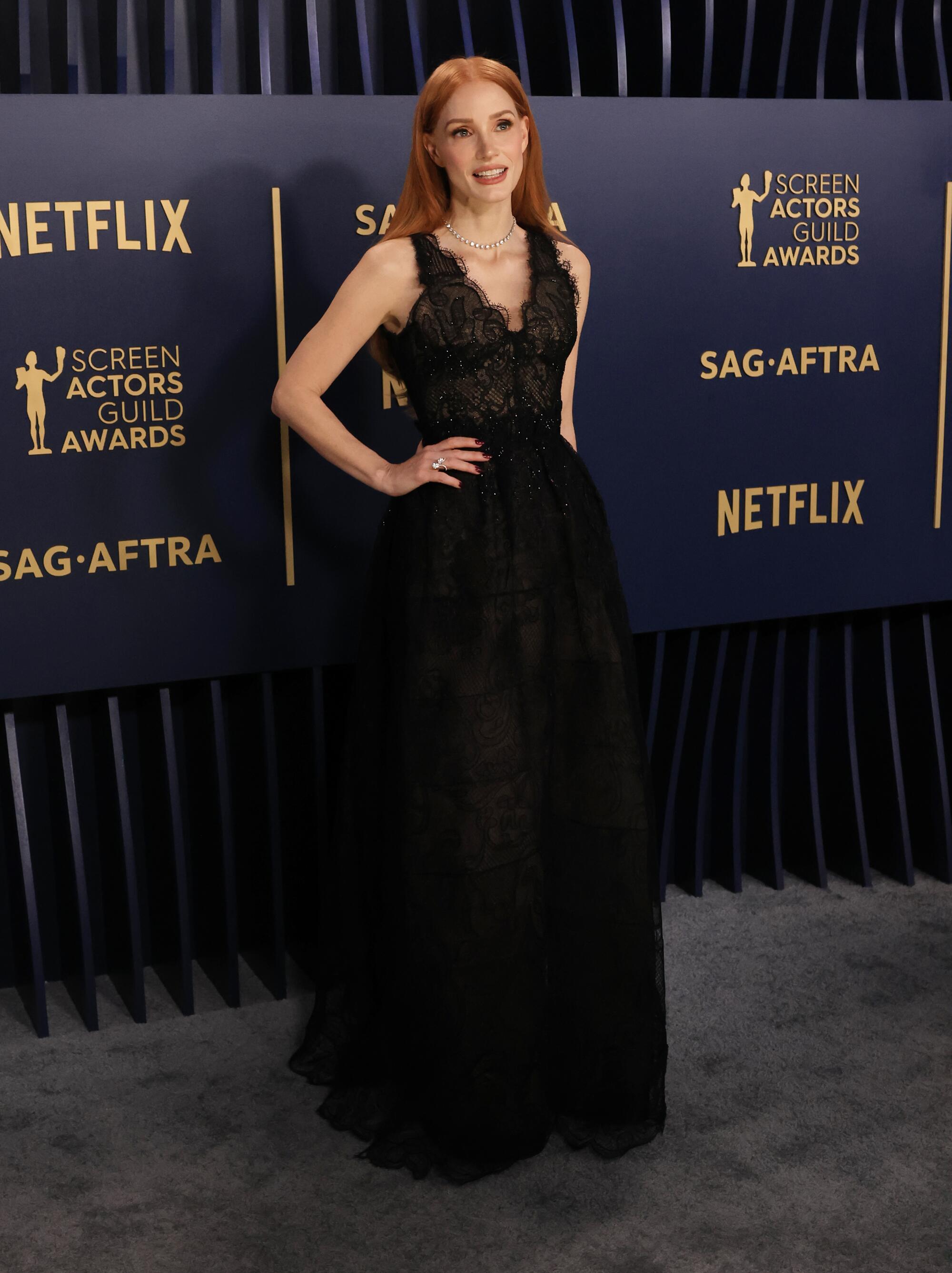 Jessica Chastain wears a black lace gown at the SAG Awards. 