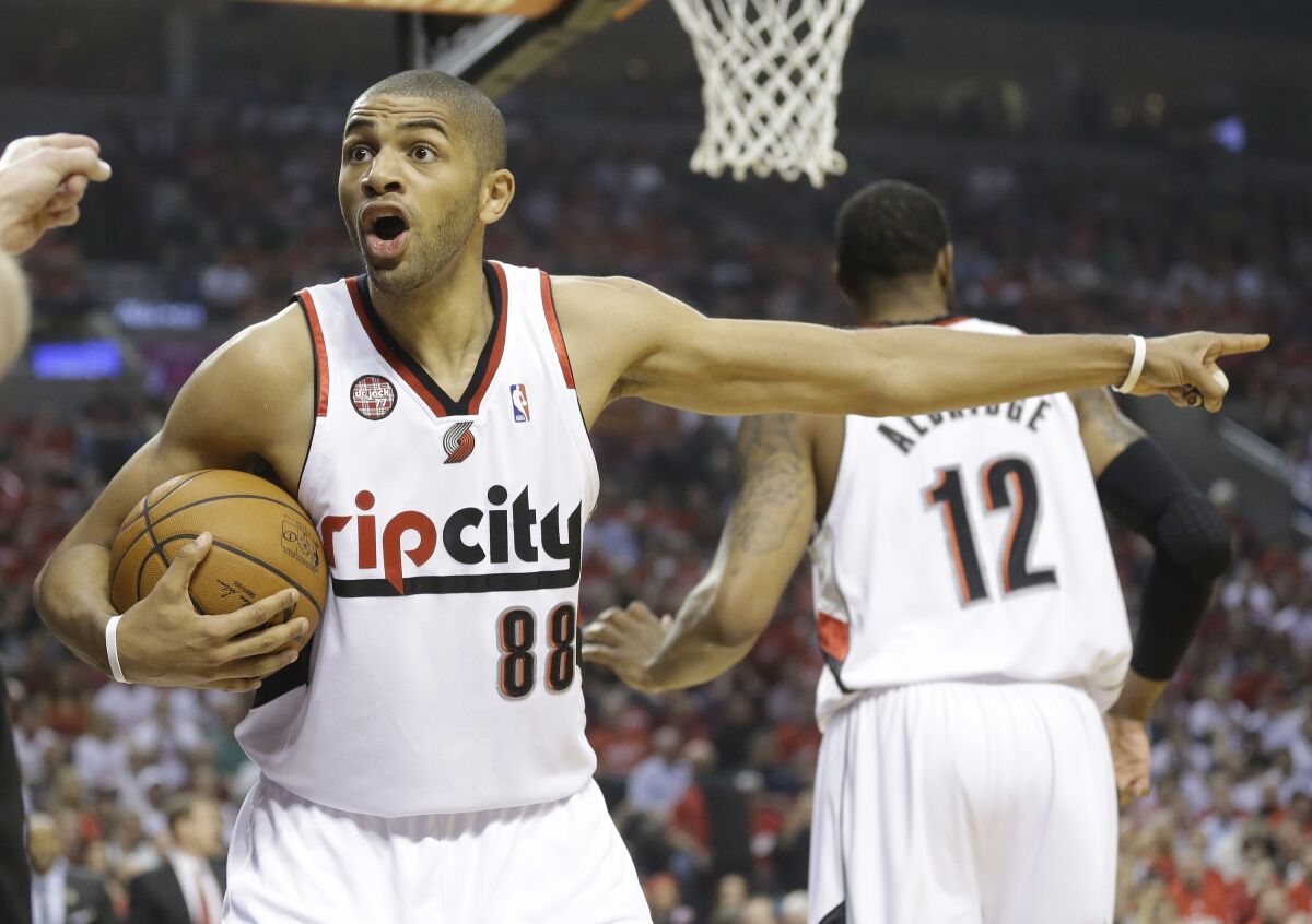 Trail Blazers' Nicolas Batum reacts to a call during Game 4 of a Western Conference semifinal game.