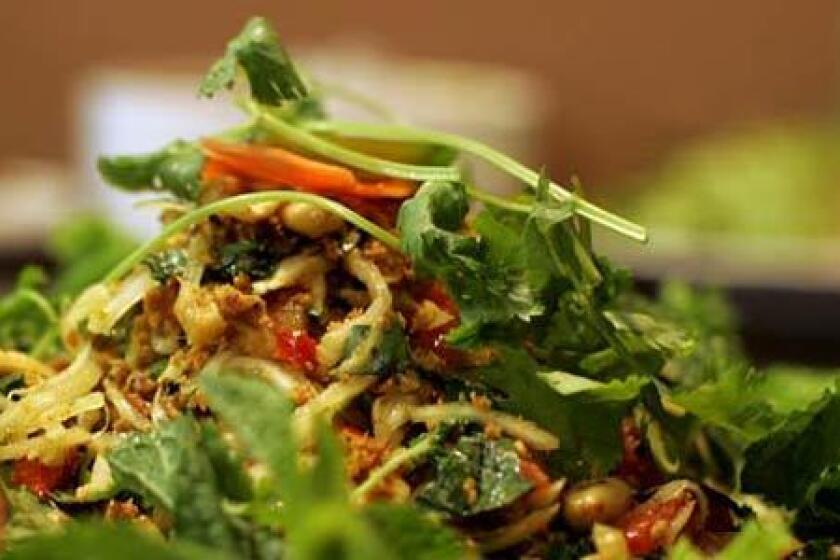 Goi du du thai is papaya salad with vegetarian ham, tofu and peanuts at Vietnamese vegetarian restaurant Bo De Tinh Tam Chay.