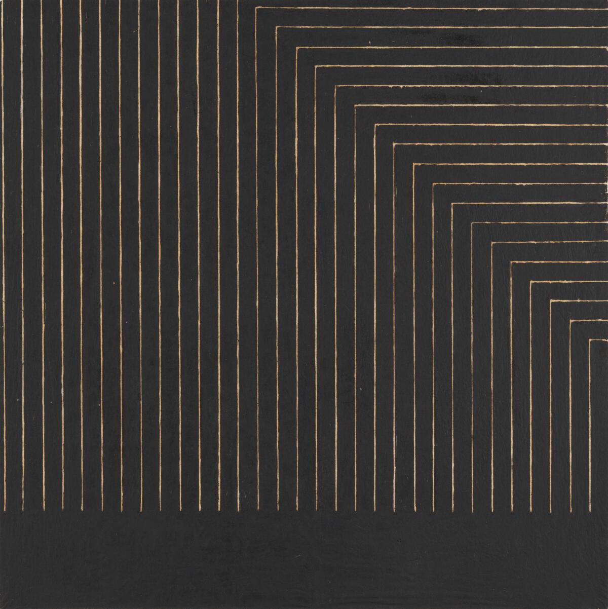 A geometric block print in black ink shows an echoing sequence of lines in the shape of a right angle.