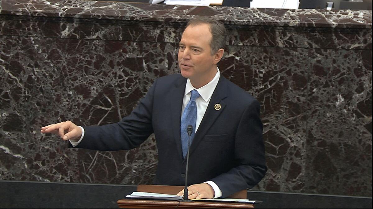 In this image from video, House impeachment manager Rep. Adam Schiff (D-Burbank) speaks during the impeachment trial against President Donald Trump in the Senate at the U.S. Capitol in Washington, Thursday, Jan. 23, 2020.