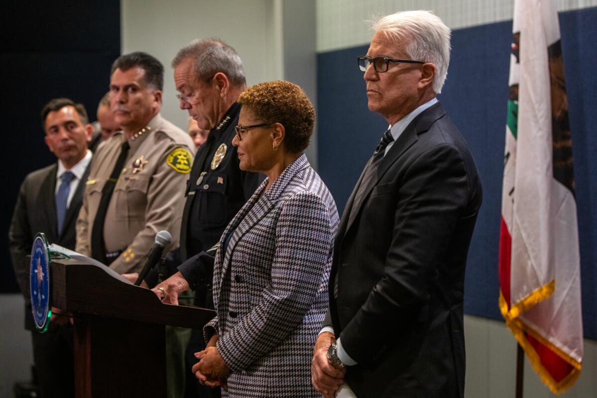  Los Angeles Sheriff Robert Luna, LAPD Chief Michel Moore, L.A. Mayor Karen Bass and Dist. Atty. George Gascón.