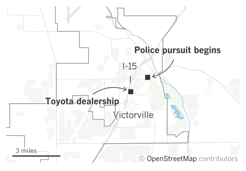 Map of police pursuit in Victorville California. Starting point: 7th and Lincoln. Ending point: Toyota dealership.